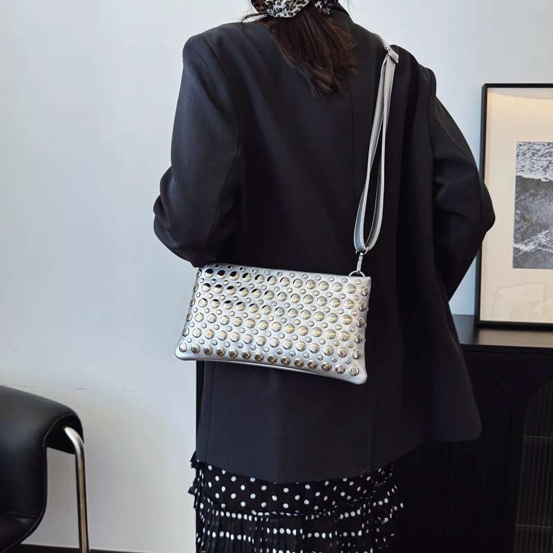 Women Fashion Rivets Handbag Adjustable Strap PU Leather Studded Crossbody Punk Shoulder Girls Daily Bag