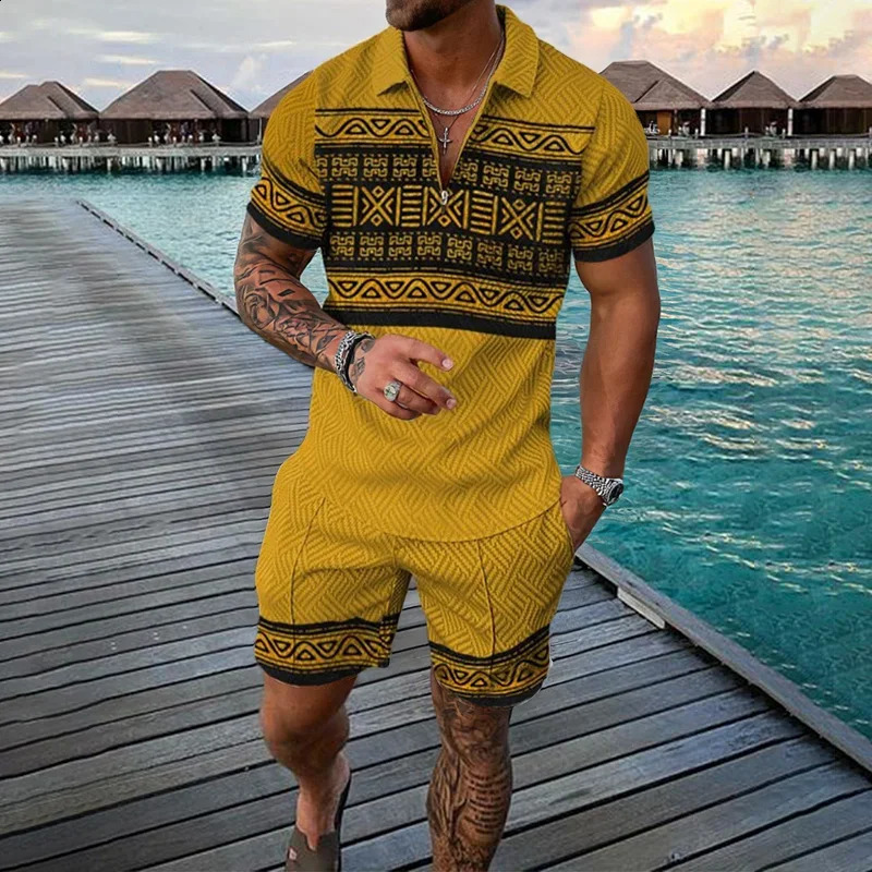 Vintage Mens Suit Fashion Zipper Polo Shirt Shorts Pants Two Piece Set 3D Print Oversize Men Clothing Tracksuit Set Clothing 250409