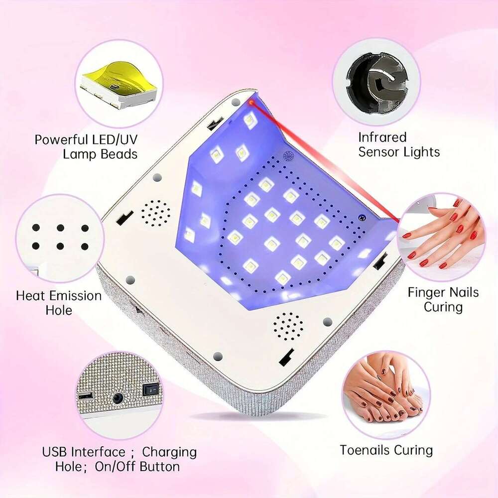 72W Cordless UV LED Lamp Gel Nails Rechargeable Dia Nail Dryer With 5 Timer Settings Touch Control For Salon & Home