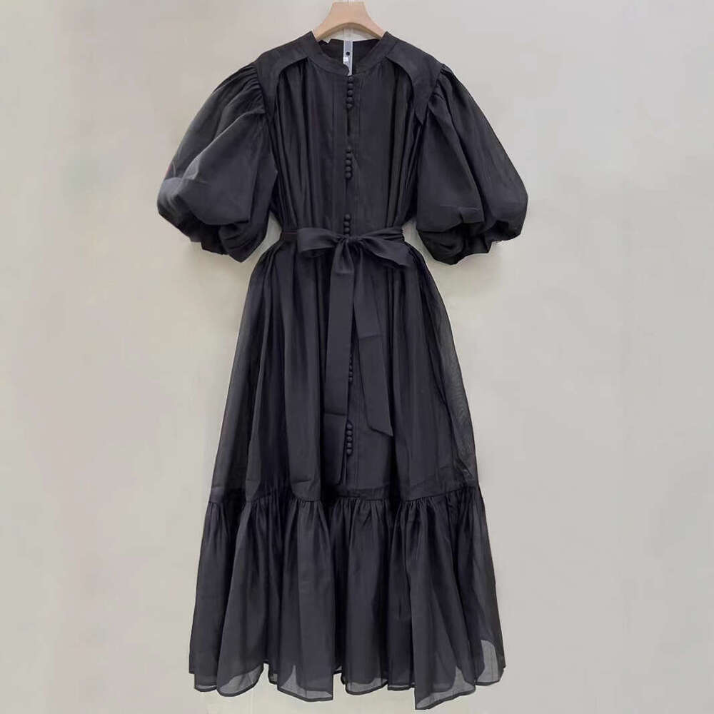 Designer Elegant High-End Ruffled Edge Spring/Summer Long Dress With Bubble Sleeves - Solid Colors Available