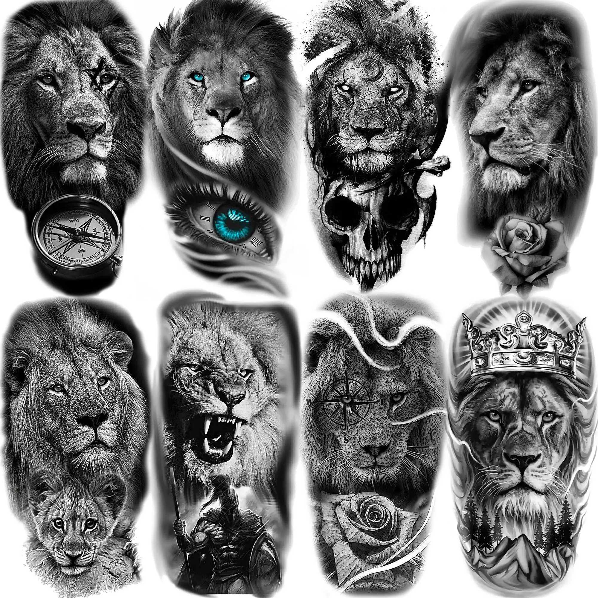 8 temporary black lion tattoos suitable for adults tribal fake eye tattoos black Spartan warrior washable tattoosXJ25414