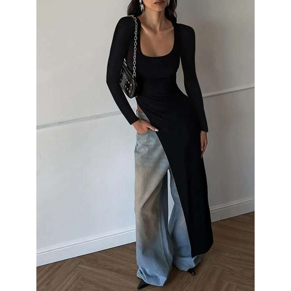 Nibber Classic Women Long Top Irregular Autumn Simple Temperament Trend Solid Street Casual Special Stretchy Chic Fit Tees