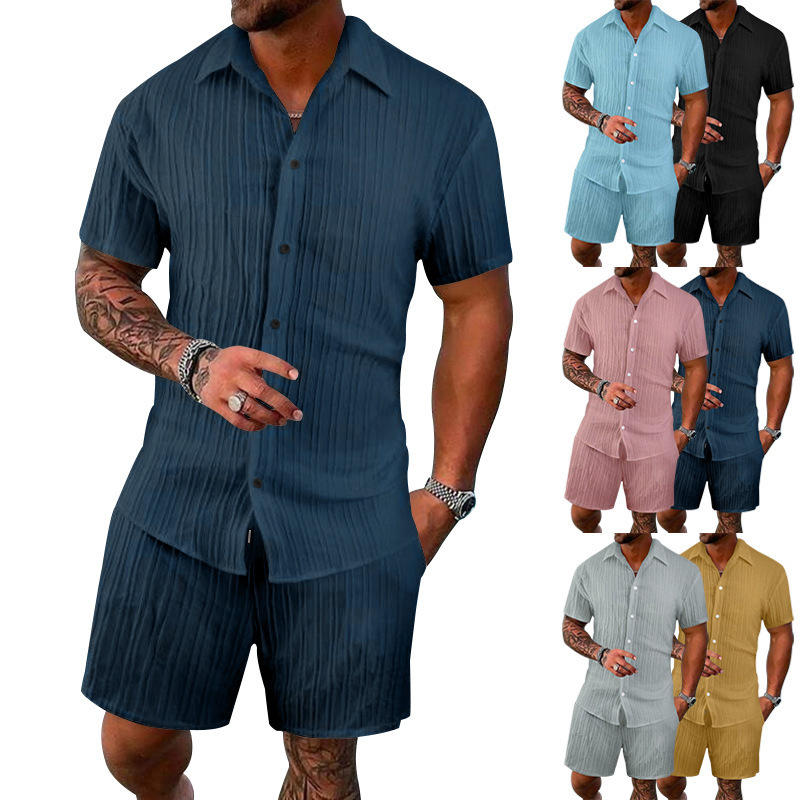 2025 Summer Men's Shirt Casual Loose Short Sleeve Shorts Beach Set