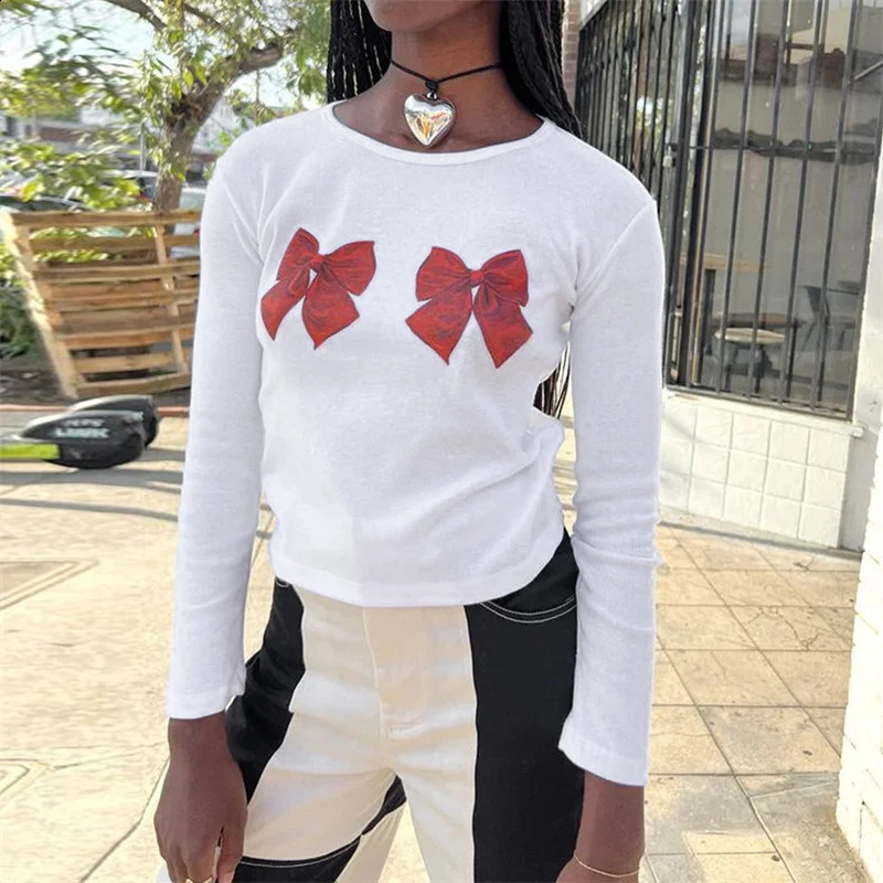 Xingqing y2k crop top 2000s womens graphic cherry/cake print round neck long sleeved T-shirt aesthetic clothing white streetwear 250410