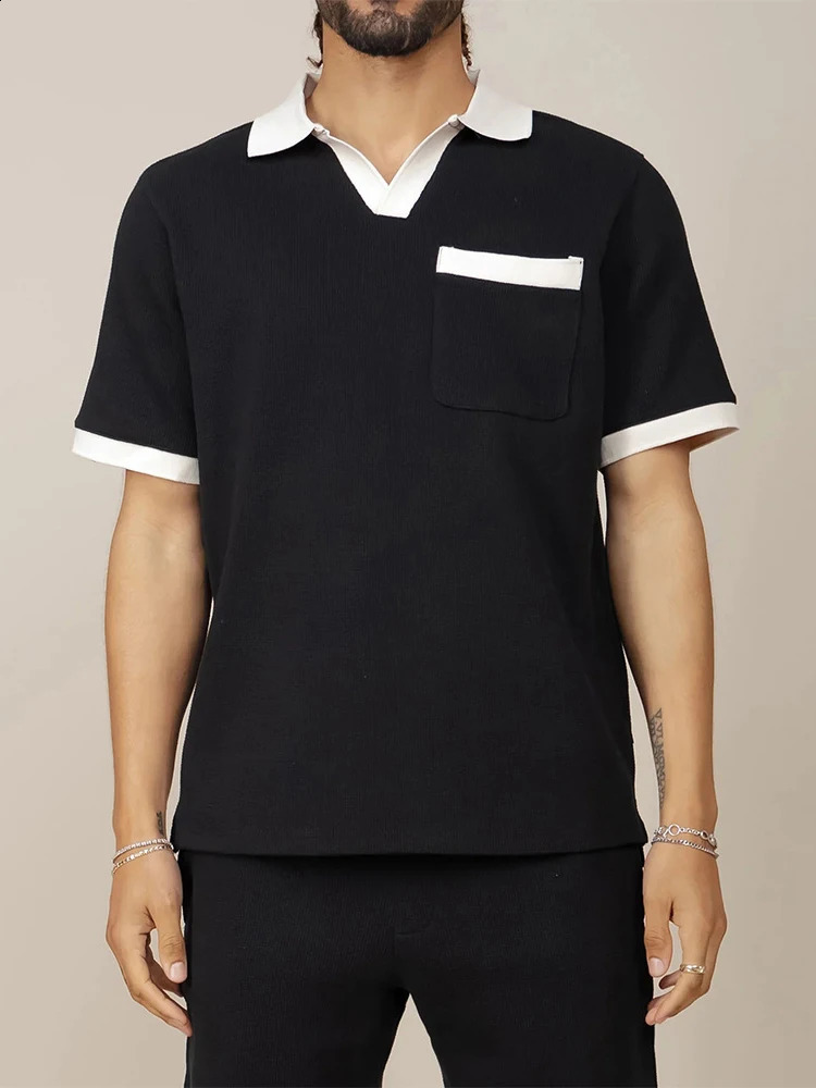 Streetwear Mens Fashion Two Piece Suits Patchwork Lapel Short Sleeve Polo Shirts And Shorts Outfits Men Summer Casual Loose Sets 250409