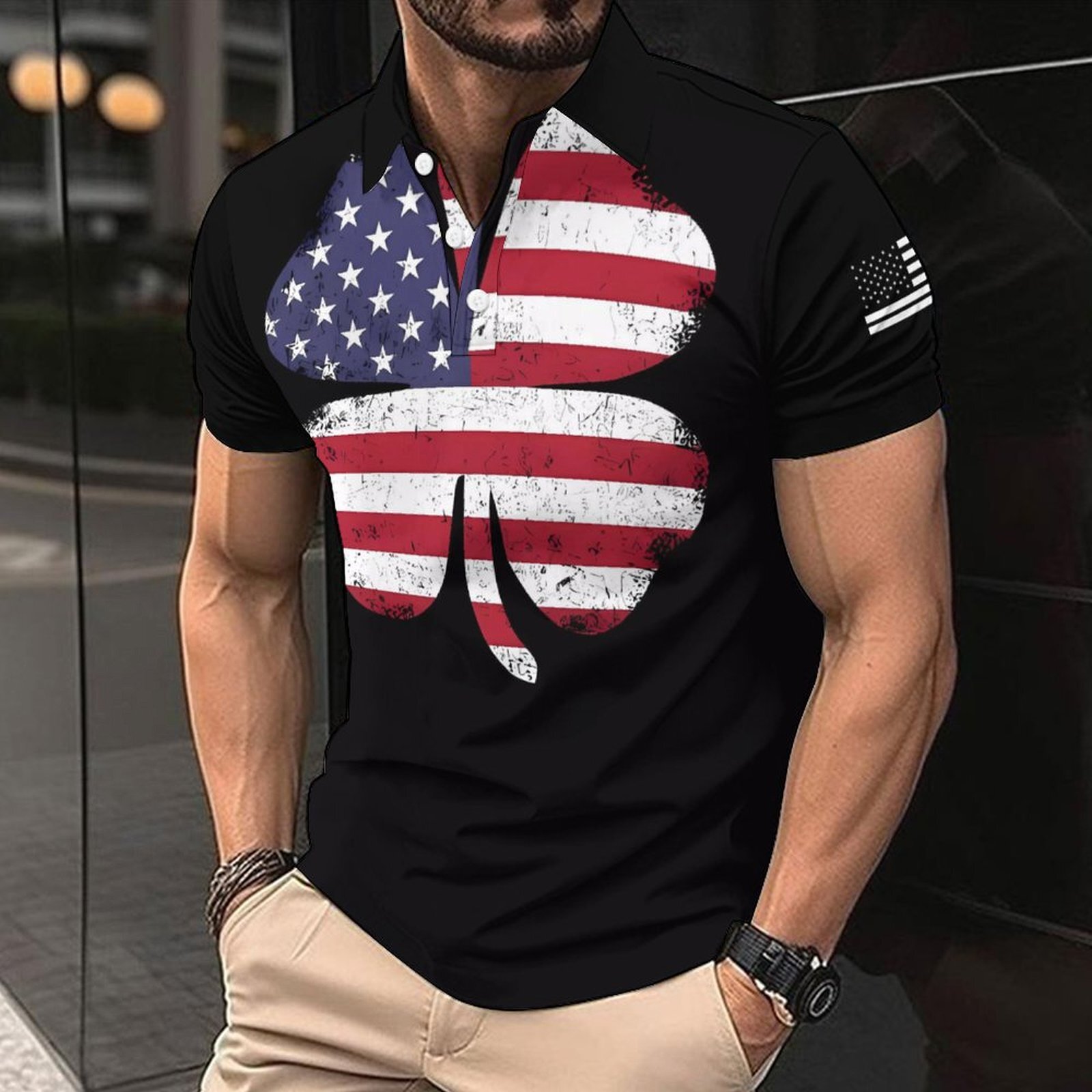 Digital printed button up collar t-shirt casual bird eye fabric top short sleeved men's polo shirt summer