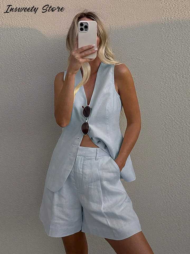 Ultra thin sleeveless top set for women single chest V-neck top high waisted shorts 2025 spring/summer new womens casual setXJ250414