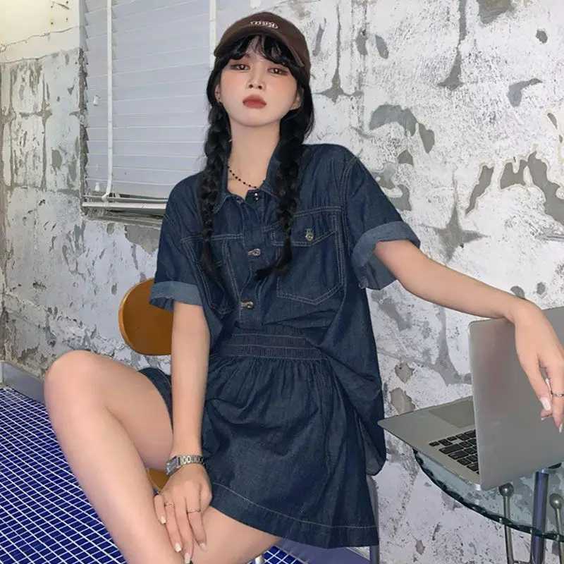 Summer shorts set retro denim shorts Sve shirt thin cardigan womens loose casual shorts two-piece set womens clothingXJ250414