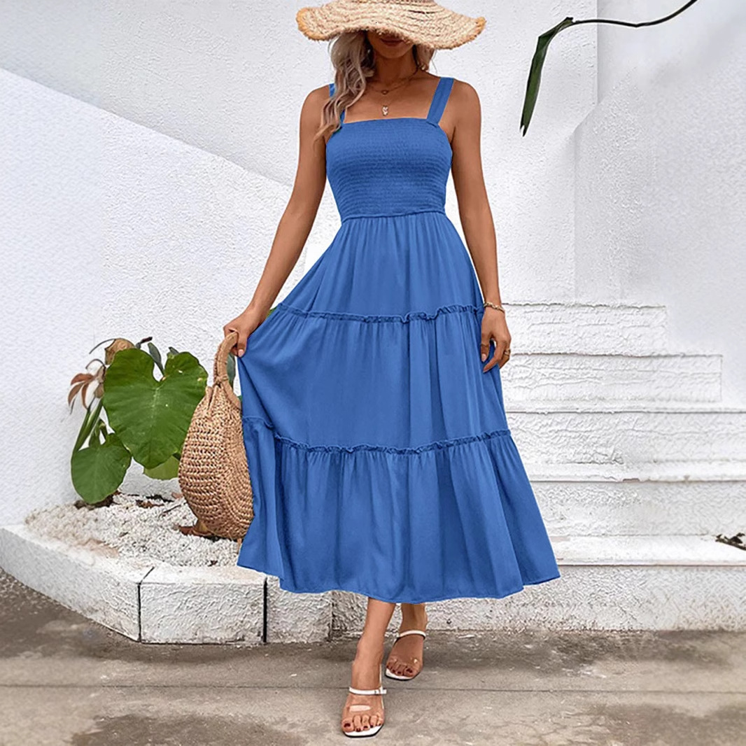 Summer Square Collar Strap French Folding Large Swing Women's Dress