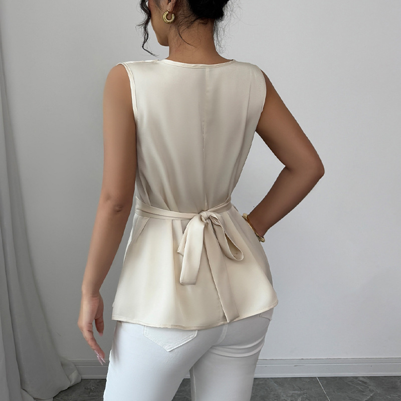 Temperament sleeveless shirt for womens clothing in summer 2025 pile collar shirt waist cinching tie up