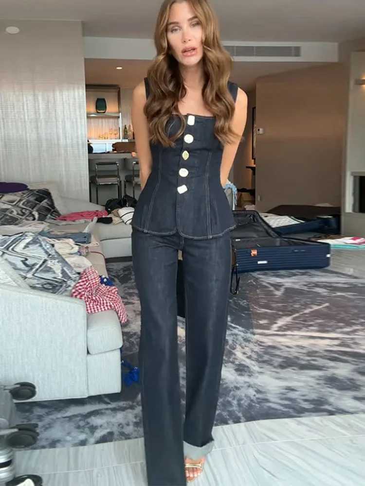 Street Jeans Set 2025 Spring Womens Fashion Casual Square Collar Sleeveless Single Chest Tank Top High Waist Jeans Fe SetXJ250414