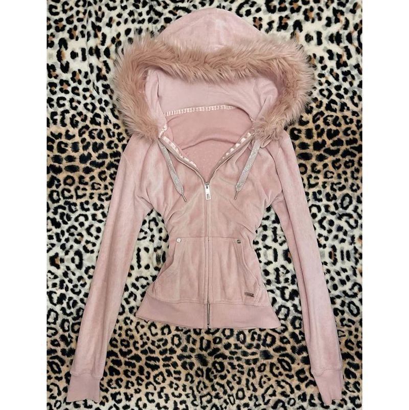 Street Style Design Punk Slim Fit Zipper Plush Brim Hooded Sweatshirt Jacket for Women