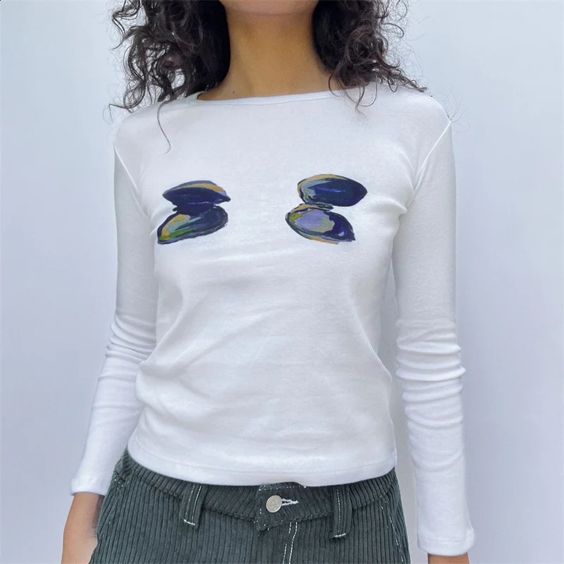 Xingqing y2k crop top 2000s womens graphic cherry/cake print round neck long sleeved T-shirt aesthetic clothing white streetwear 250410