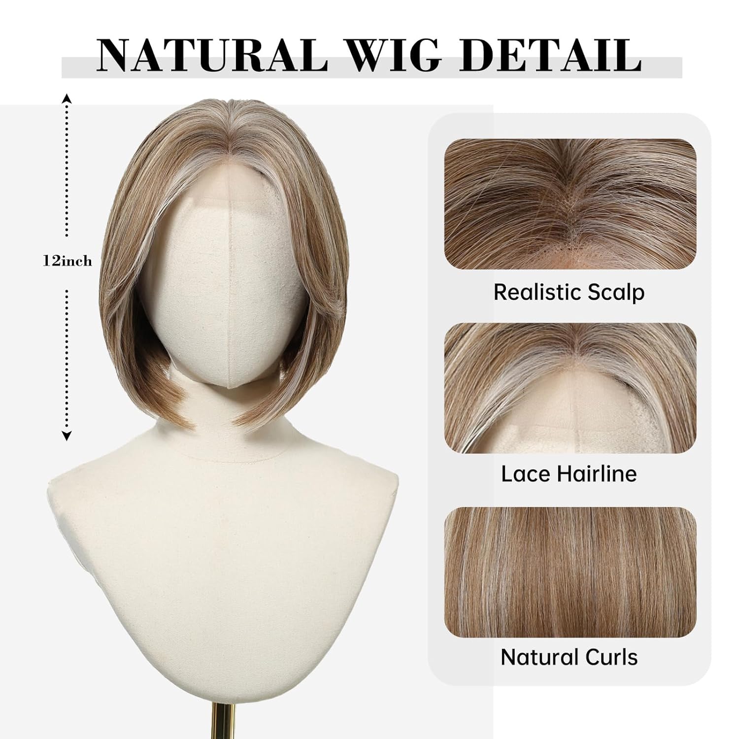 Blonde Highlights Bob Wigs for White Women Short Light Brown Wig Straight Lace Front Wig Natural Hairline Synthetic Heat Resistant Wig for Cosplay 12I
