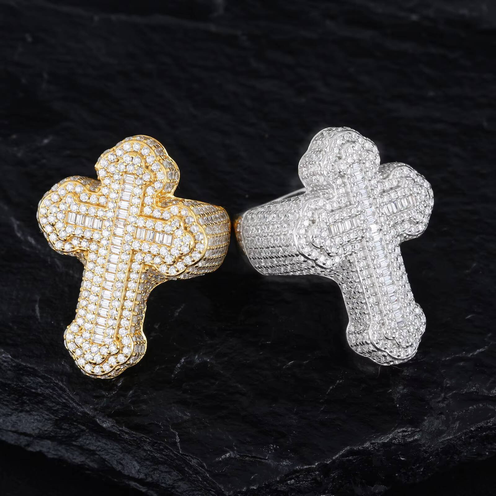 Hip Hop Jewelry 925 Sterling Silver Pass Diamond Tester VVS Baguette Moissanite Custom Iced Out Cross Rings for Men