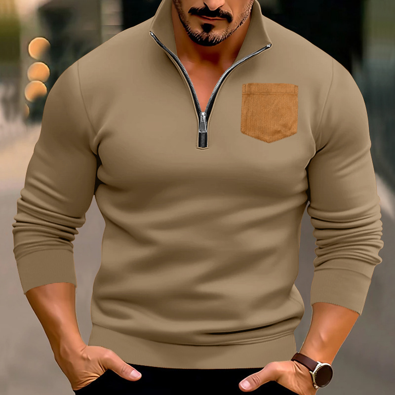 2025 autumn winter new casual men's half zip hoodie with stand up collar, patch pocket and velvet pullover top