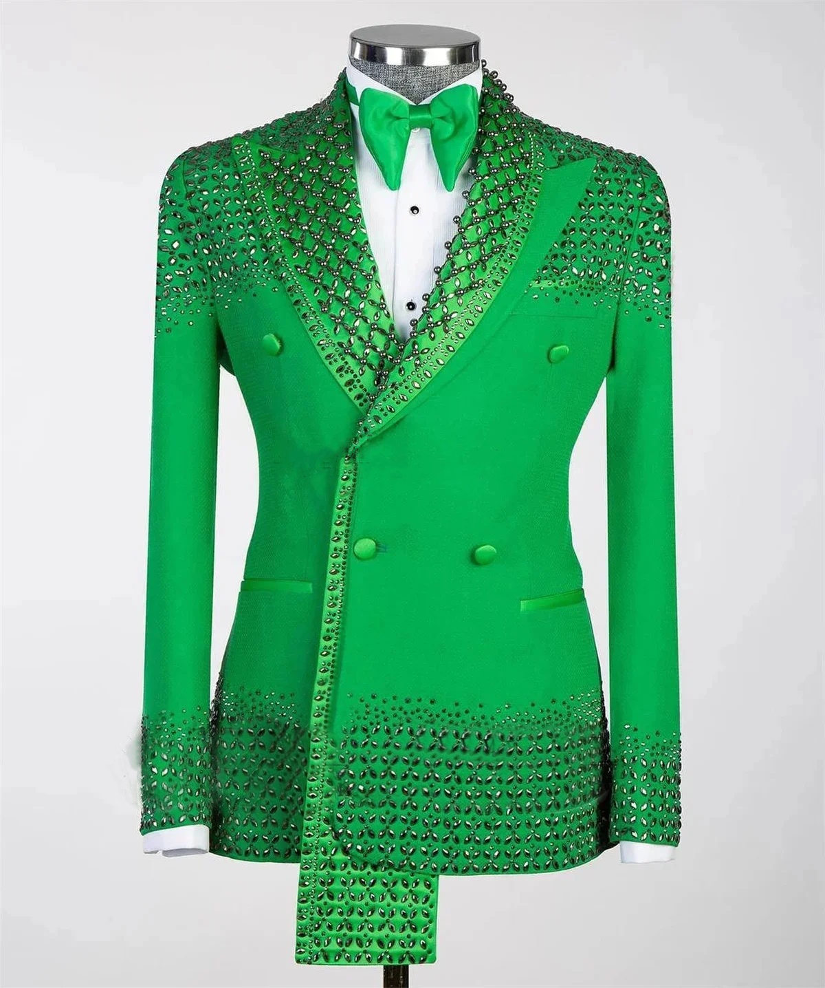 Men's Suit Fashion Tailored Peaked Lapel Crystal Beaded Blazers Groom Jacket for Wedding Groom Double Breasted 2 Pieces Set Custom Made Coat(Pant