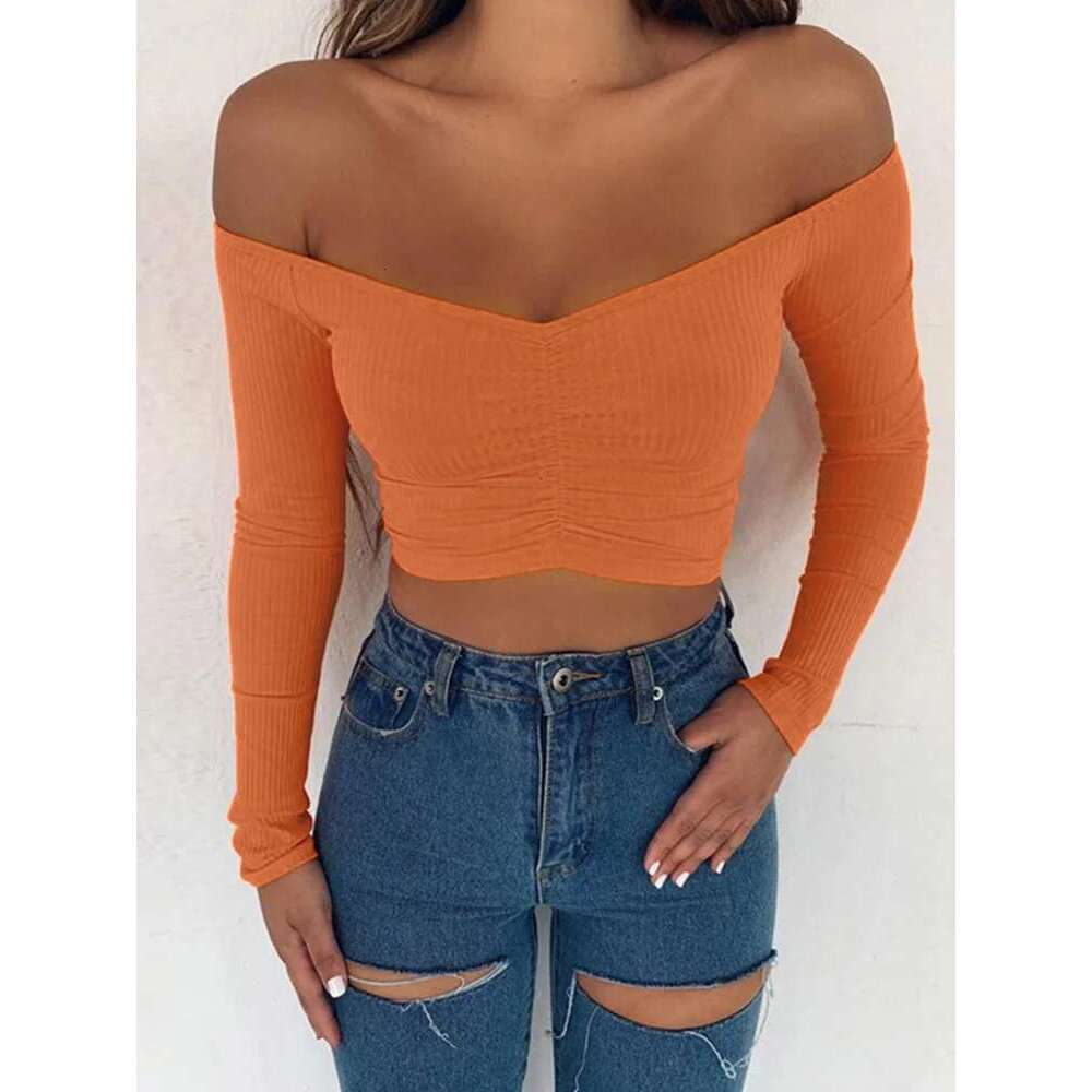 Women T-shirts sexy and club fashion female T-shirt long sleeve off shoulder solid color lady Tshirt autumn basic tees