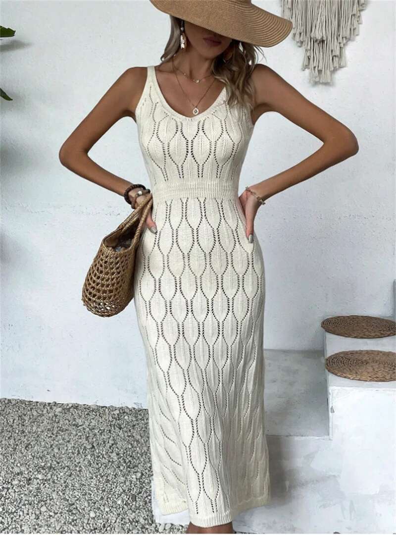 Designer womens dresses maxi dress summer new sexy hollow perspective vacation solid color backless knitted suspender