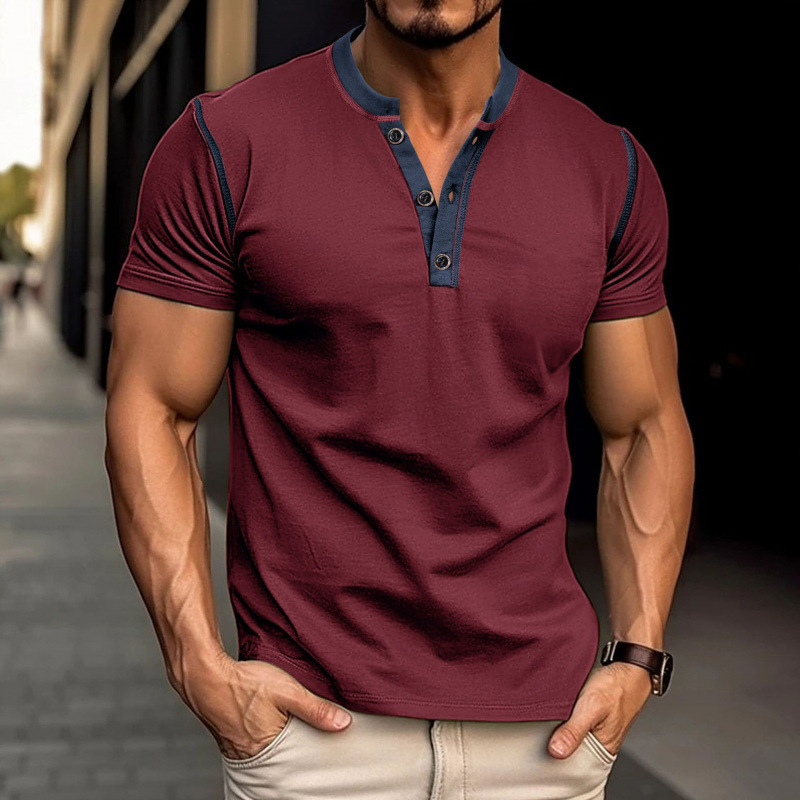 2024 summer mens short sleeved Henry collar T-shirt mens base shirt color blocked T-shirt