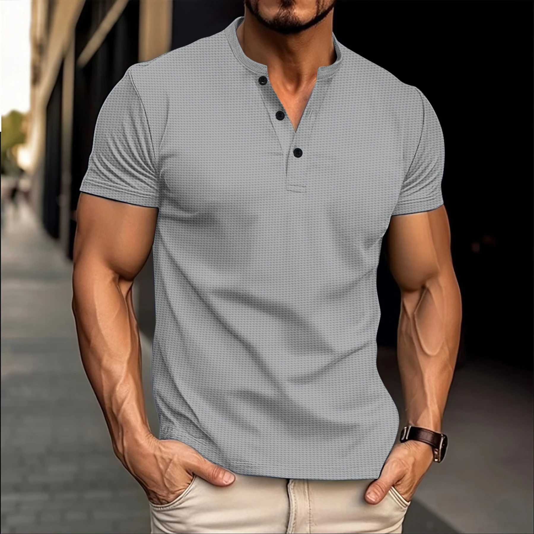 Summer best-selling mens Henry shirt Crewneck button solid color mens polo shirt short sleeved casual and comfortable mens clothing W250414