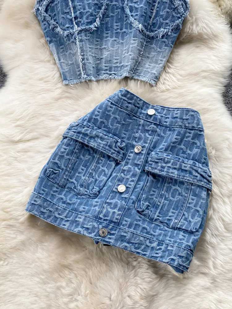 Womens Summer Sexy Denim Set Strapless Sling Zipper Design Crop Top + Short Button Mini Shorts Skirt Jeans Two Piece SuitsT250321