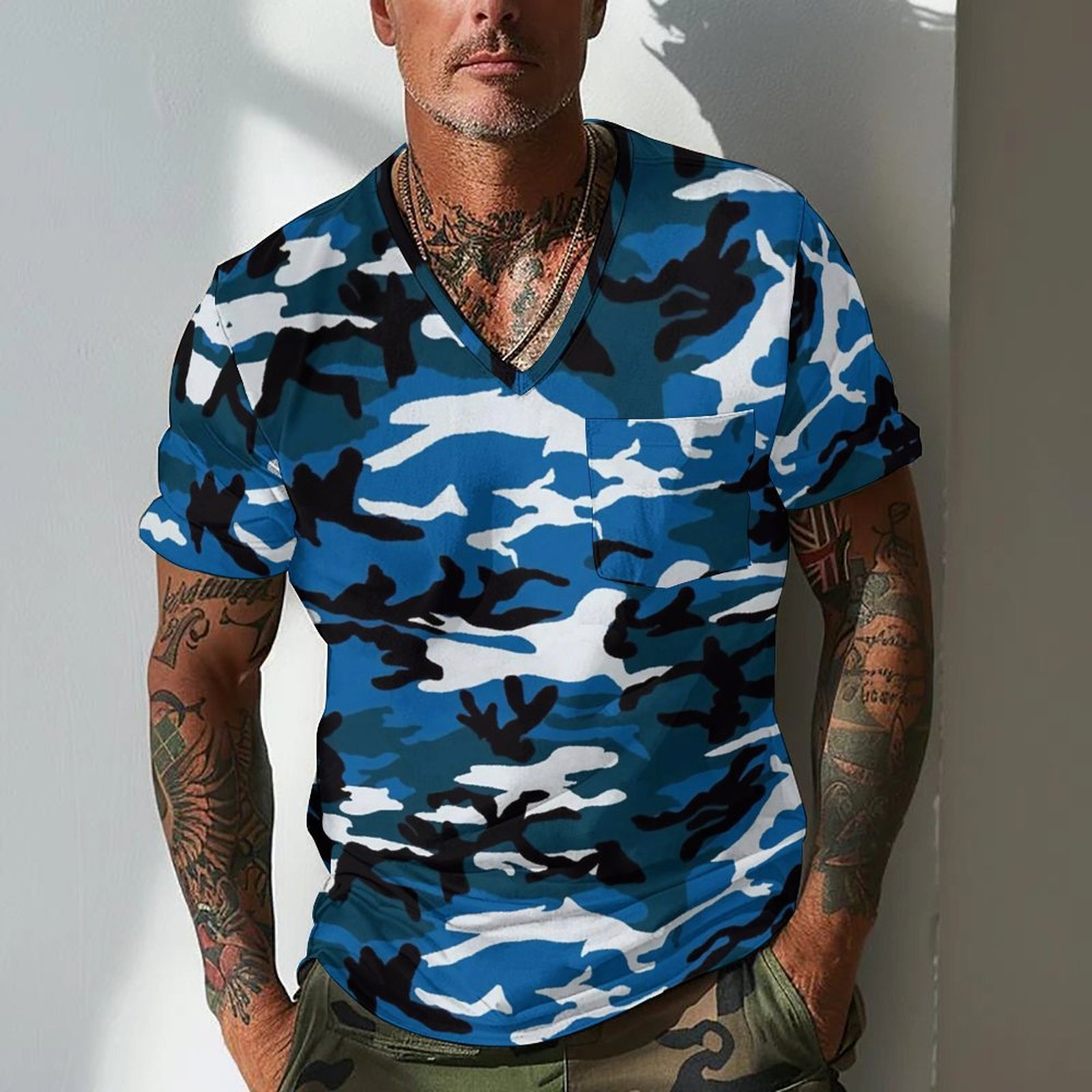 2025 Digital Printing Camouflage T-shirt Men's Summer Slim Fit Chicken Neck Short Sleeve