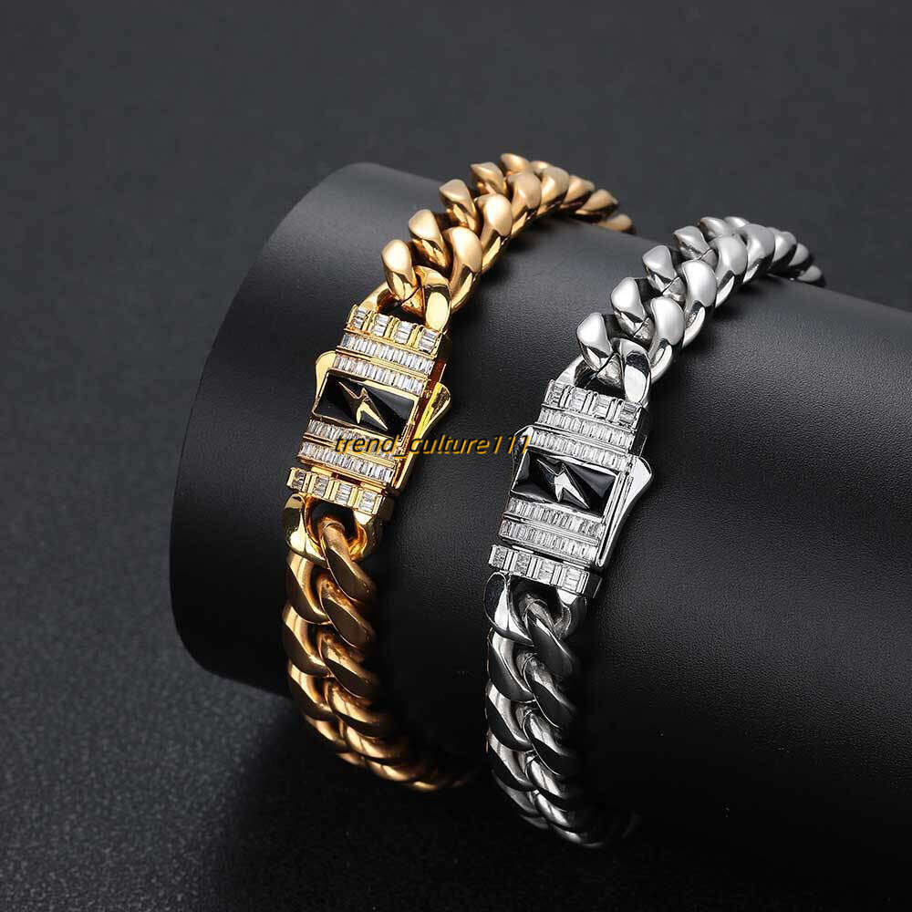 New Lighing Moissanite Spring Buckle Stainless Cuban Hip Hop Titanium Steel Jewelry Men's Bracelet