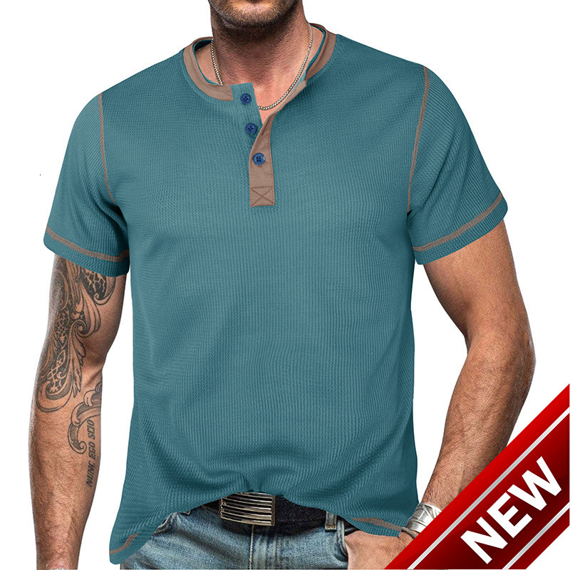 2025 Summer Mens Short sleeved Henley Shirt Mens T-shirt Top Color blocked Henley