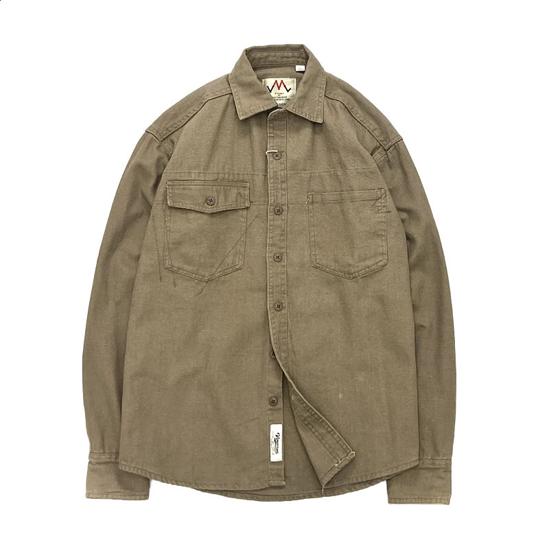Mens Spring Vintage Laundry Long Sleeve Shirt Mens Khaki Cargo Pocket Loose Shirt Coat 250411