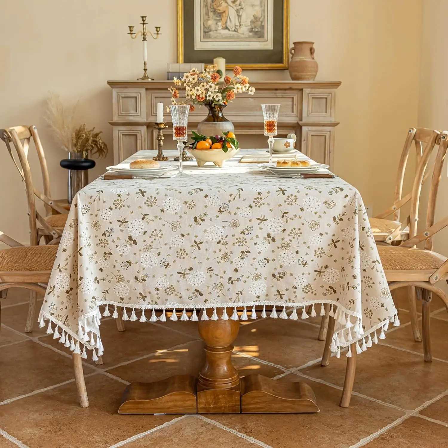 Christmas Square Vintage Cotton Linen Tablecloth with Stitching Tassels Washable Fabric Table Cover for Christmas Dining Kitchen Tea Party Y251113