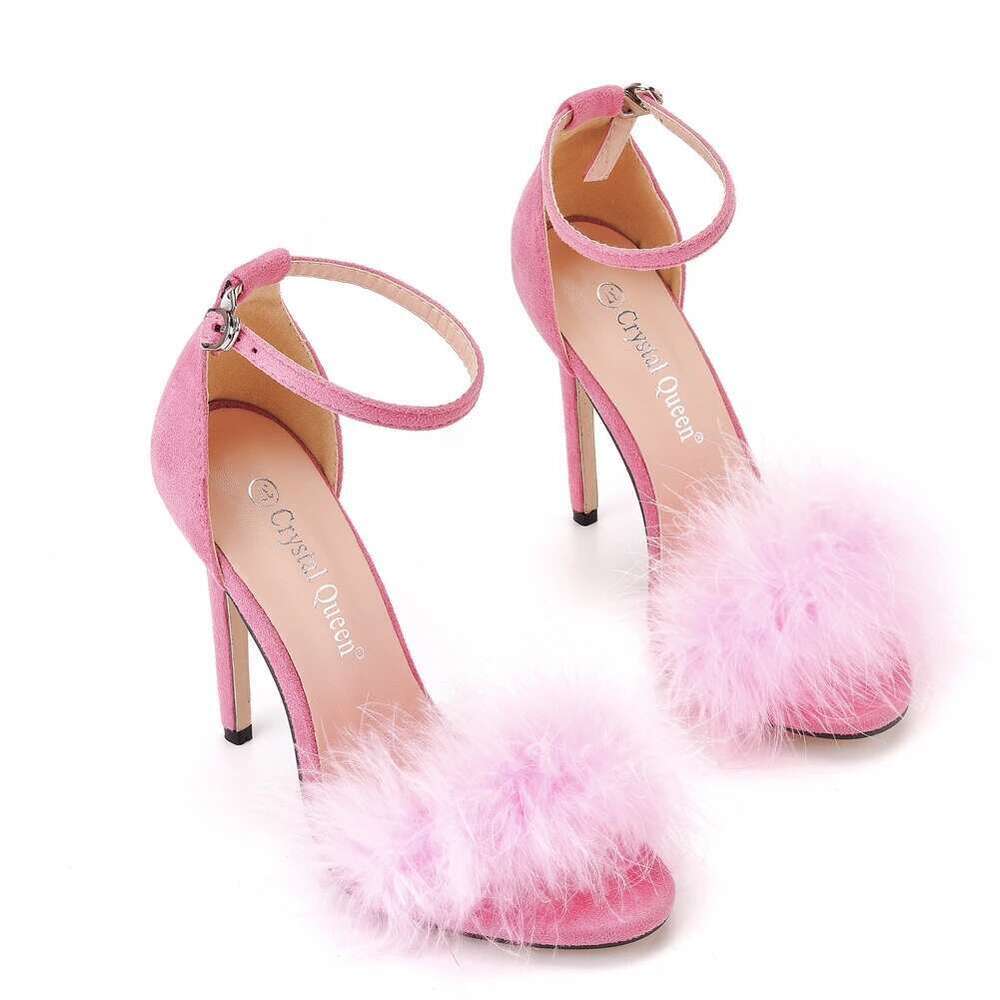 Crystal Queen Women Summer Sandals Fluffy Peep Toe Stilettos High Heels Fur Feather Lady Wedding Shoes Large Size 42