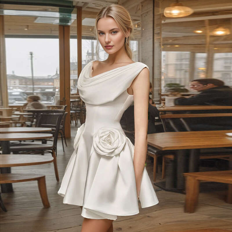 Designer Chic Sleeveless French Skirt with Swing Collar - High Waisted & Three-Dimensional Flowers