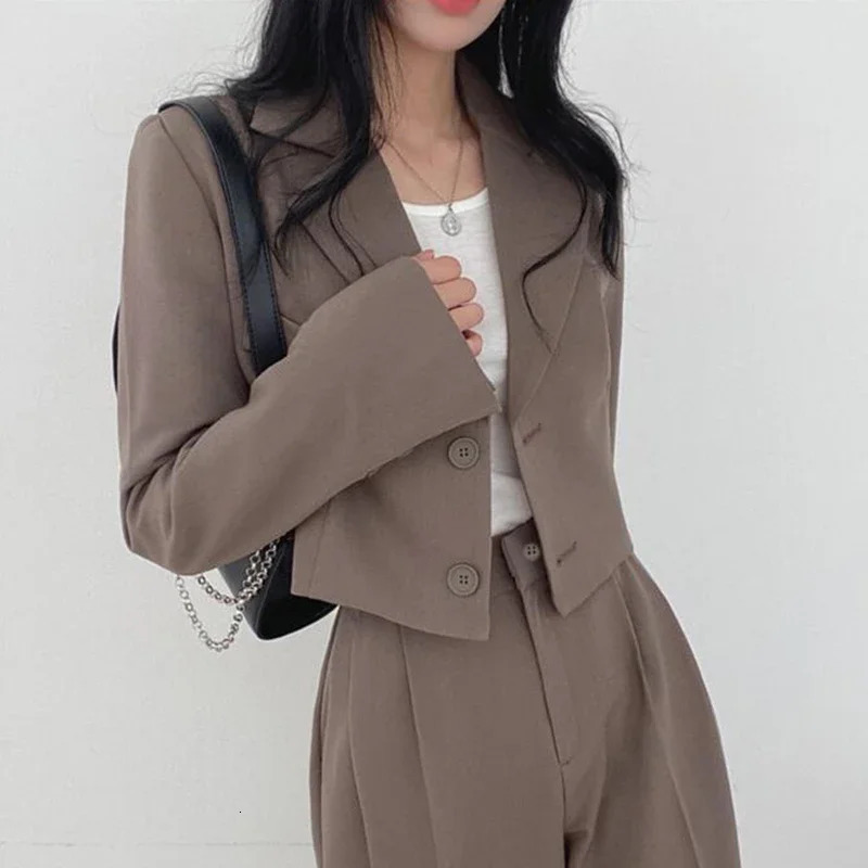 Tempering Cropped Blazer for Women Korean Fashion Office Long Sleeve Set Jacket 2024 Single Chest 250414Z