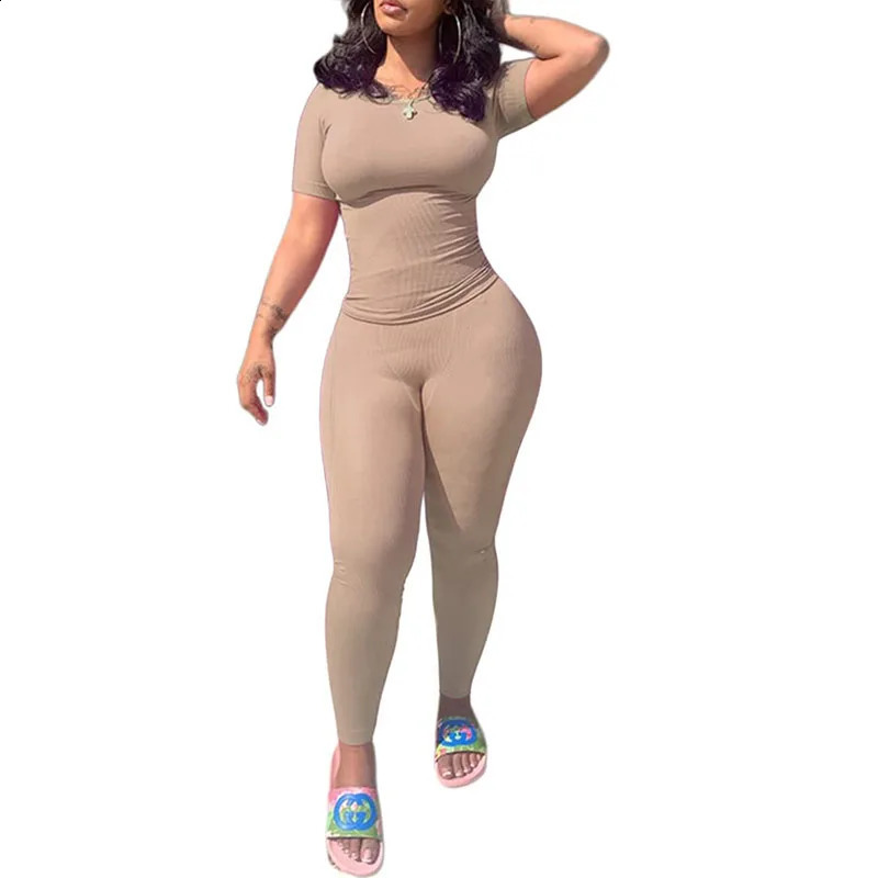 Lounge Wear Ribbed Casual 2 Piece Summer Shorts Set For Women Sleeve Top+Elastic Leggings Outfits 250414