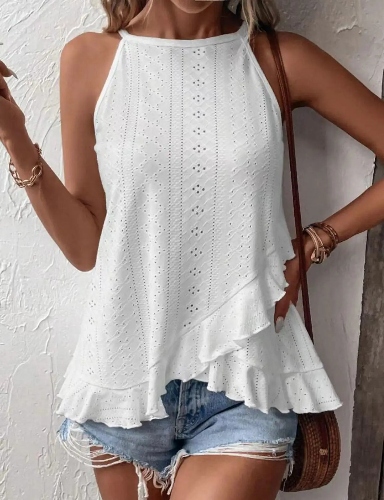 Womens plain eyeliner embroidery ruffle hem bag vest top casual round Nech sleeveless summer womens daily clothes 250414Z