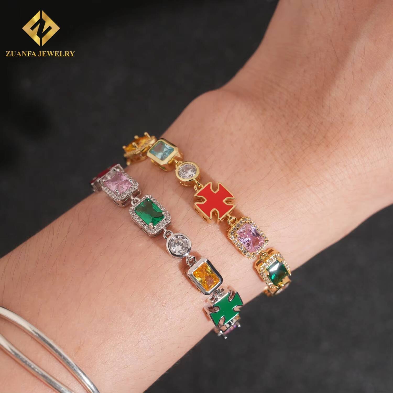 Wholesale Price Iced Out Urban Multi Color Cubic Zirconia Gemstone Tennis Bracelet Mixed Colored Enamel Motif Cz Bracelet