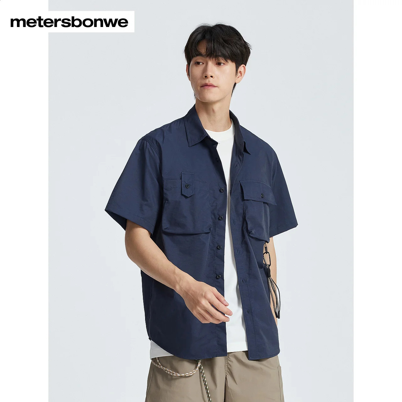 Metersbonwe Mens Polo Neck Short Sleeve Freight Shirt Loose Solid Color Business Shirt Japanese Style Summer 250411