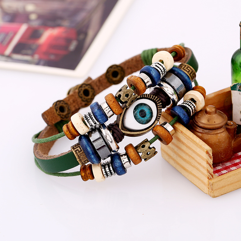 2025 New Beaded Eyes Cowhide Leather Bracelet with Pull - out Adjustment - Couple Leather Handmade Bracelet in European and American Style