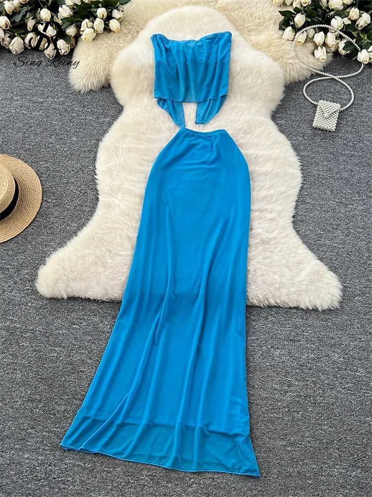SINGREENY summer sexy beach set irregular hollow split strapless top+long body skiing womens vacation style mesh setXJ250414