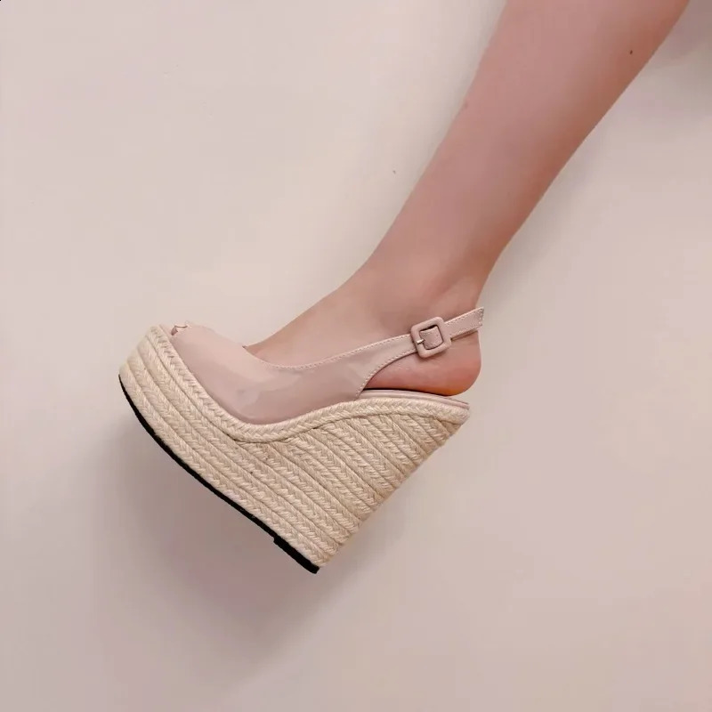 Fashion Wedges Woven Hemp Rope High Heels Womens Sandals Fish Mouth Platform Back Buckle Strap Thick Soled Shoes Apricot 250410