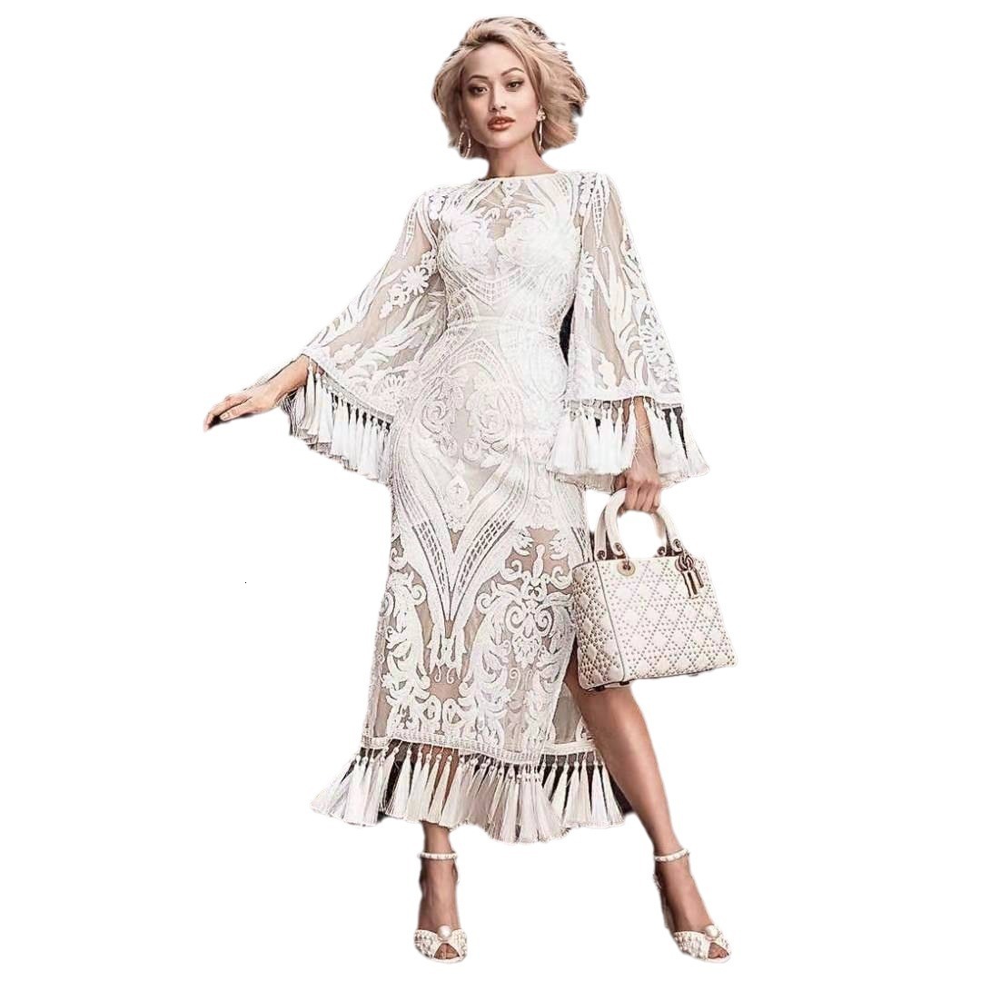 2025 Spring New Womens Embroidered Dress White Tassel Dress Lace Dress