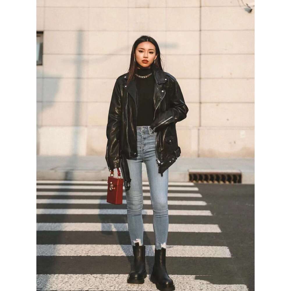 Designer Clothes RARF New 2024 Women's Motorcycle PU Imitation Leather Loose Black Jacket