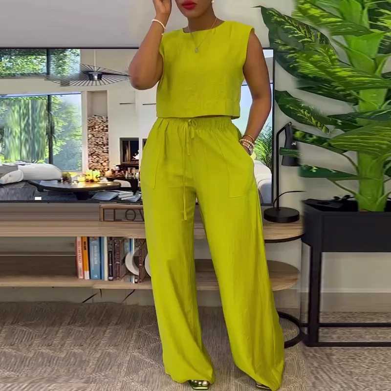 Pants set two-piece set suitable for women casual sleeveless short top wide leg pants fashionable solid set Ele Office womens set summerXJ250414
