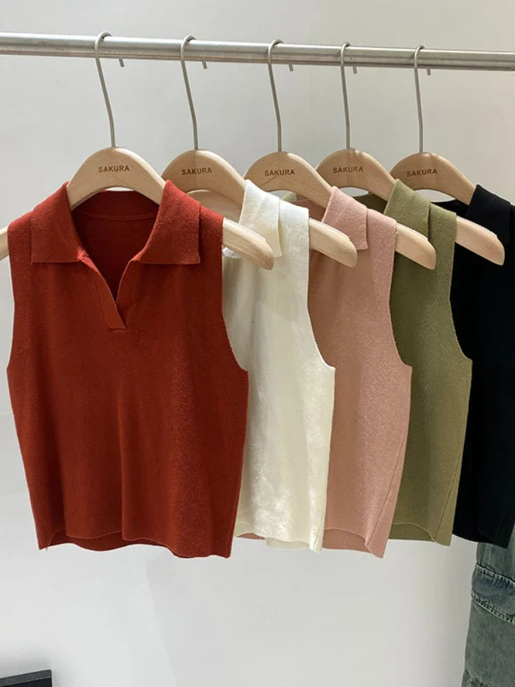 2025 Knitted Top Womens Y2K Tank Vneck Sleeveless Sweater Fashion Cut Street Clothing Solid Tight Tube 250414Z