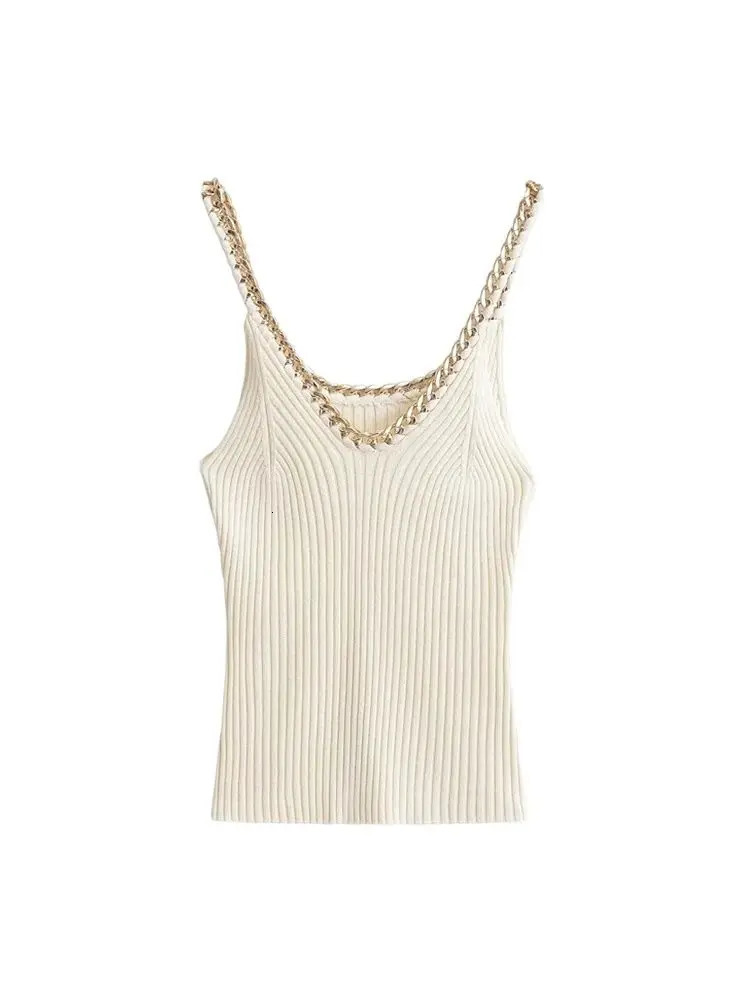 TRZA Ribbed Knitted Tank Top with Chain Vneck Thin Belt Womens Camis Sexy and Fashionable 250414