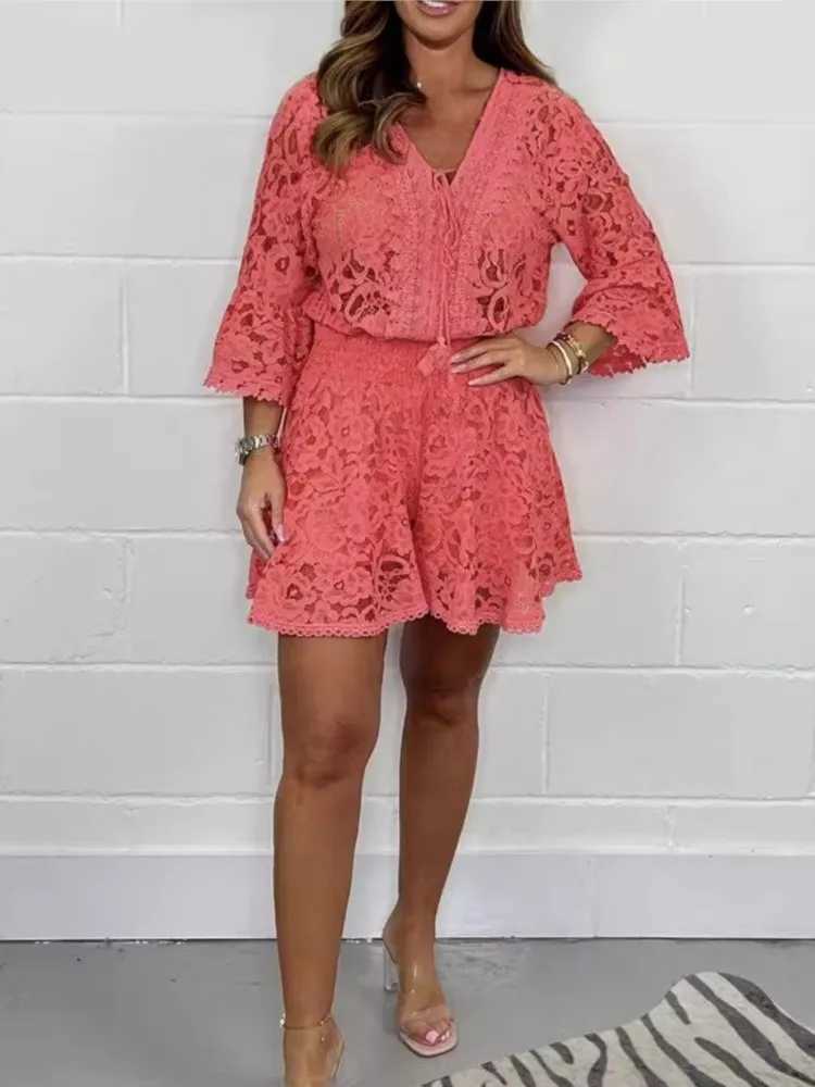 Womens two-piece sexy V-neck hollow lace top+shorts set summer Ele shirt set office womens clothing 2-pieceXJ250414