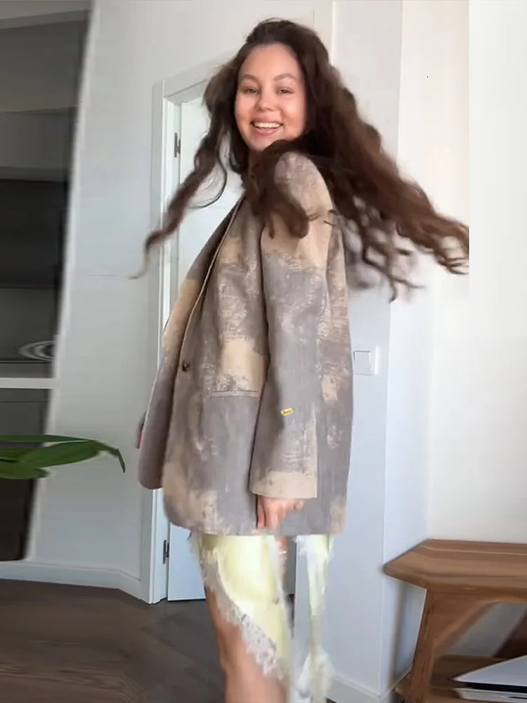 Retro printed lapel suit jacket for women fashionable street loose single button spring casual 250414Z