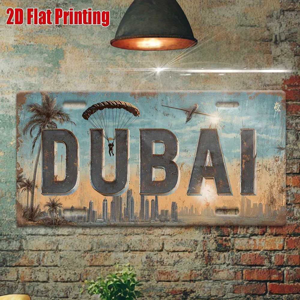 Printing Vintage Metal License Plate Outdoor Wall Art DUBAI Aluminum Sign with City Skyline and Paragliding Scene GreaM251114