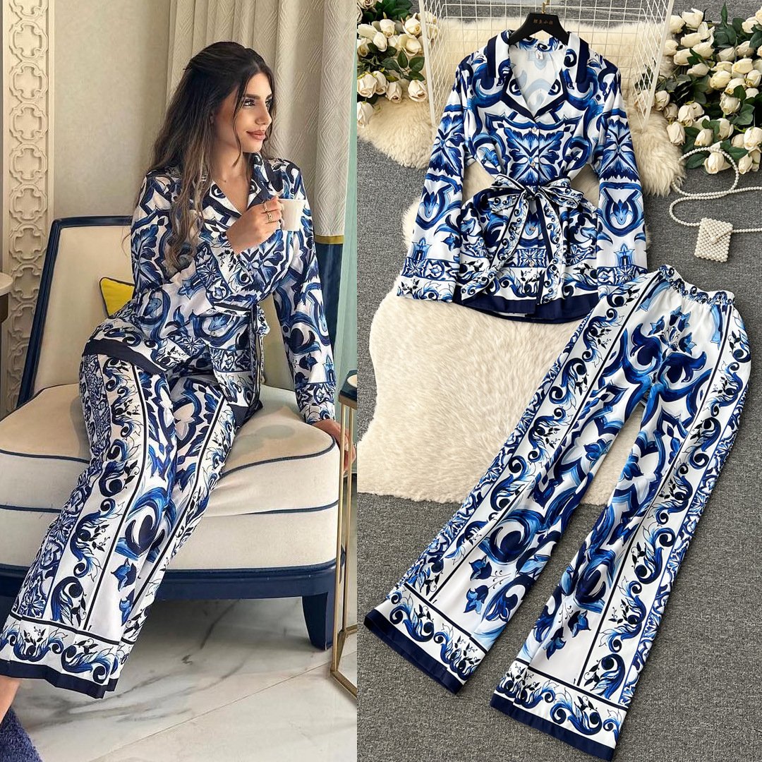 European and American retro fashionable positioning printed strap waist cinched lapel long sleeved top women's high waist wide leg straight leg p